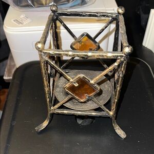 Metal Candle Holder with Amber Accents